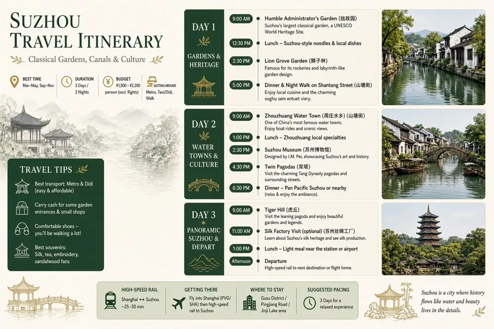 Reiseplan für Suzhou mit grünen Feldern, Gartenfotos und goldenen Details