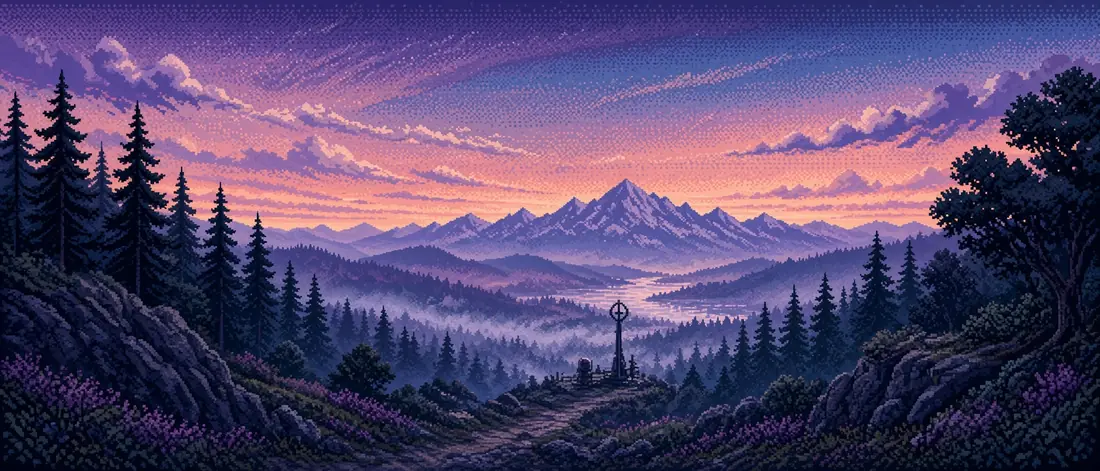 Pixel-Art-Kiefern-Tal und ferne Berge unter einem violetten Sonnenuntergang